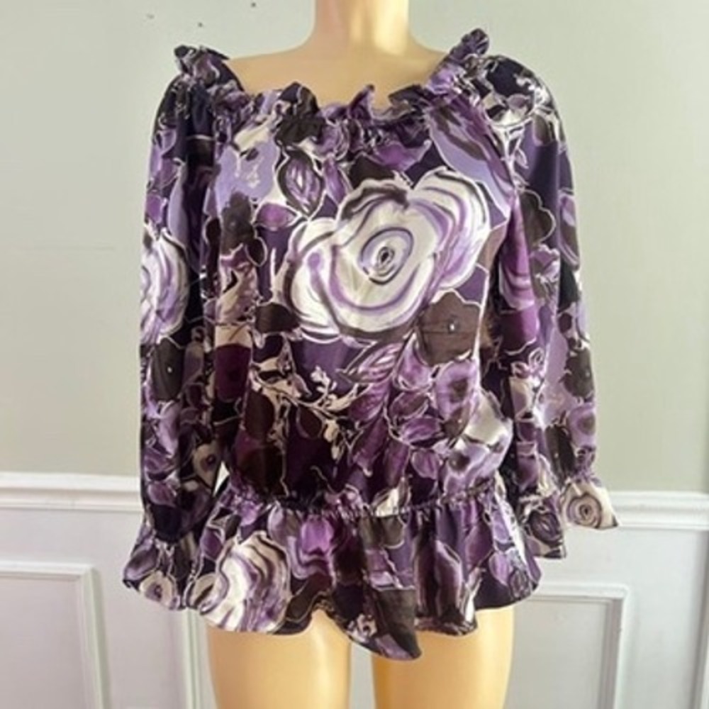 MSK Floral Peplum Blouse Womens Large Off Shoulder Ruffle Purple Rose Boho Top